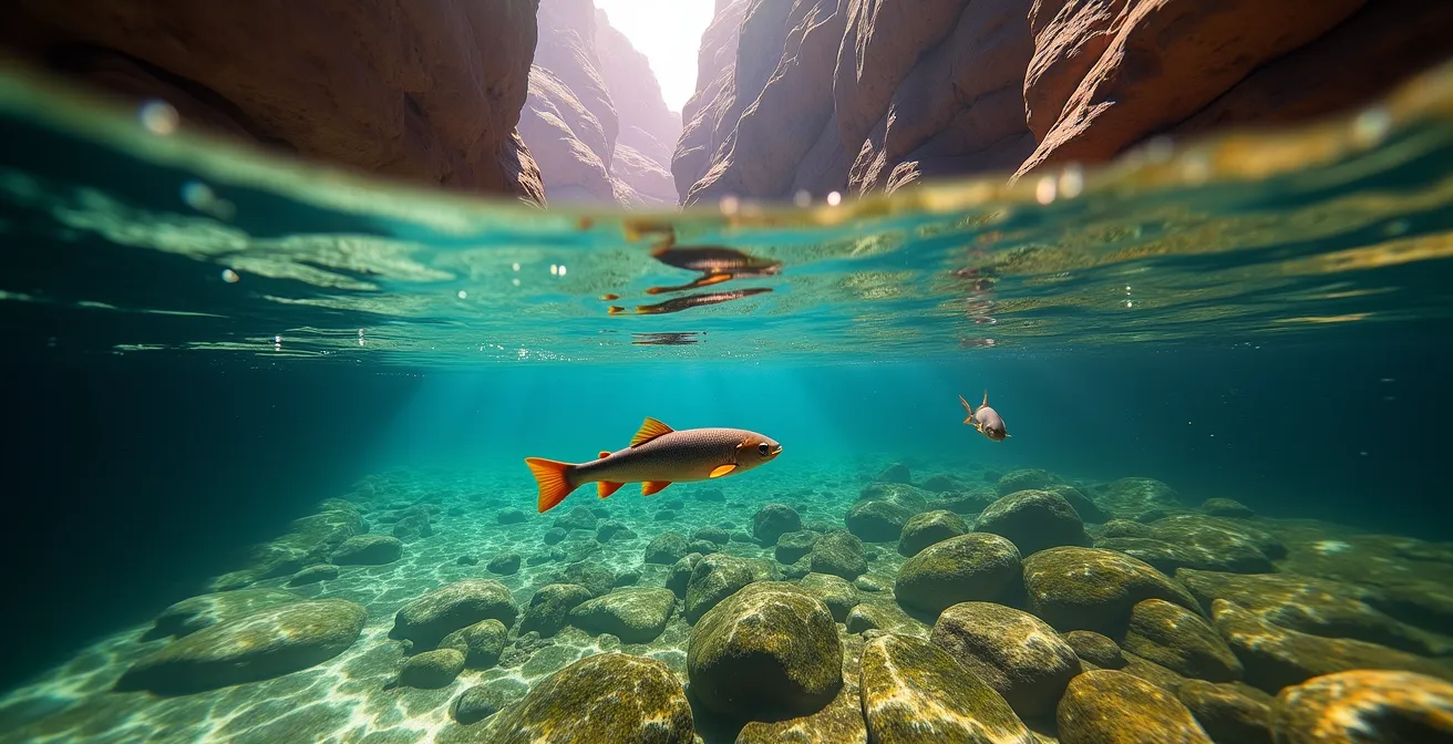Underwater perspective showing clear river with fish beneath a raft shadow above