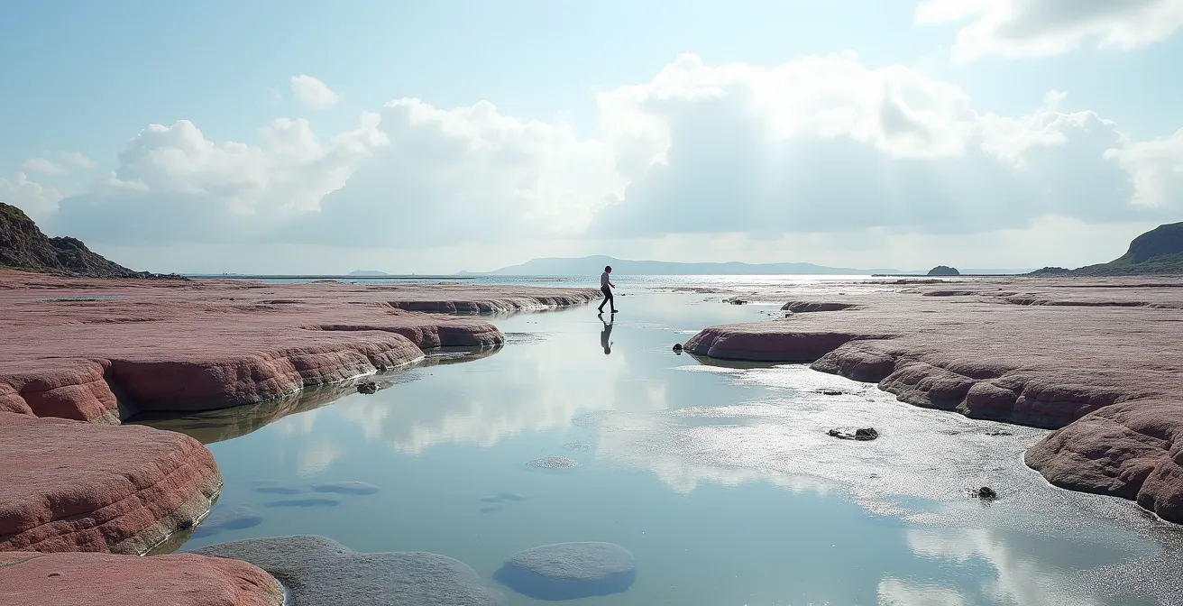 Vast exposed seabed at extreme low tide revealing alien-like rock formations and tidal pools