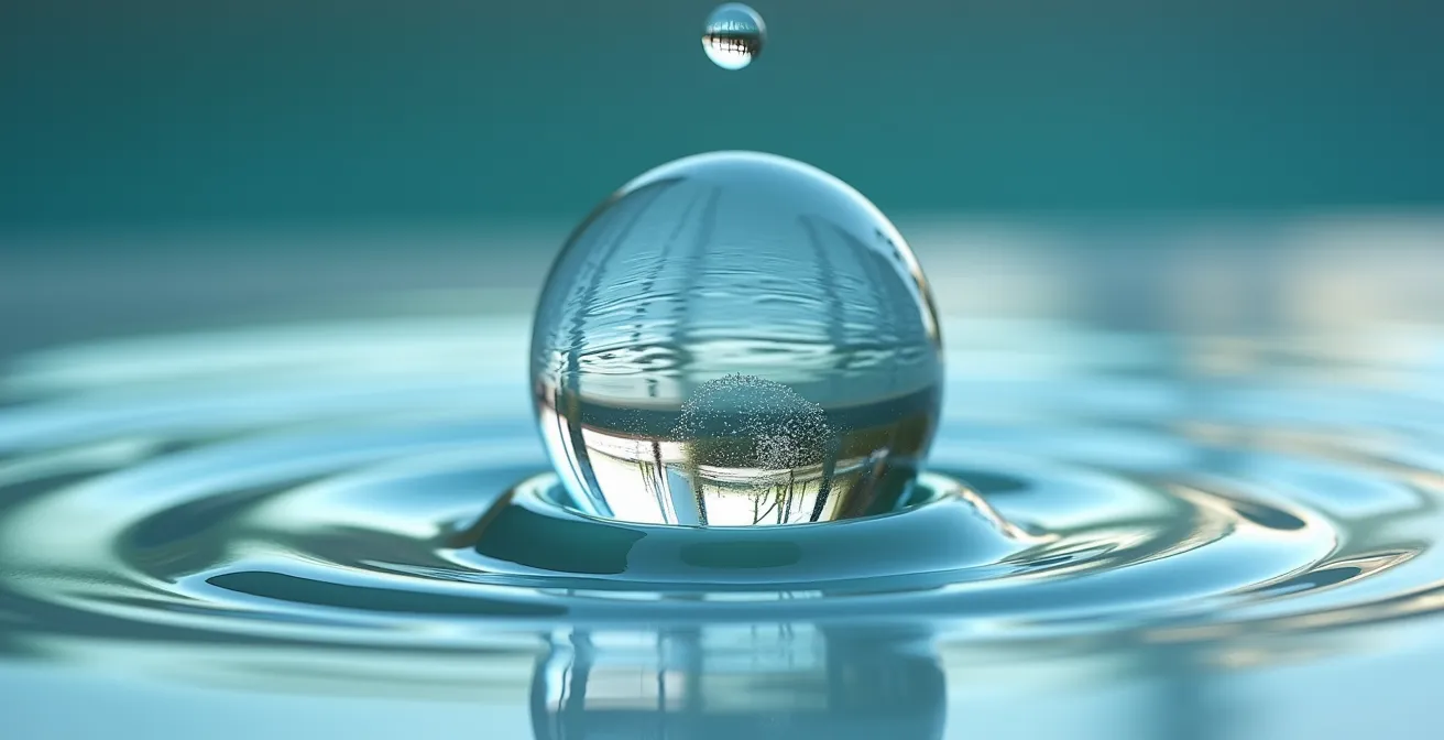 Macro view of water droplet revealing hidden consumption patterns of luxury hotel amenities