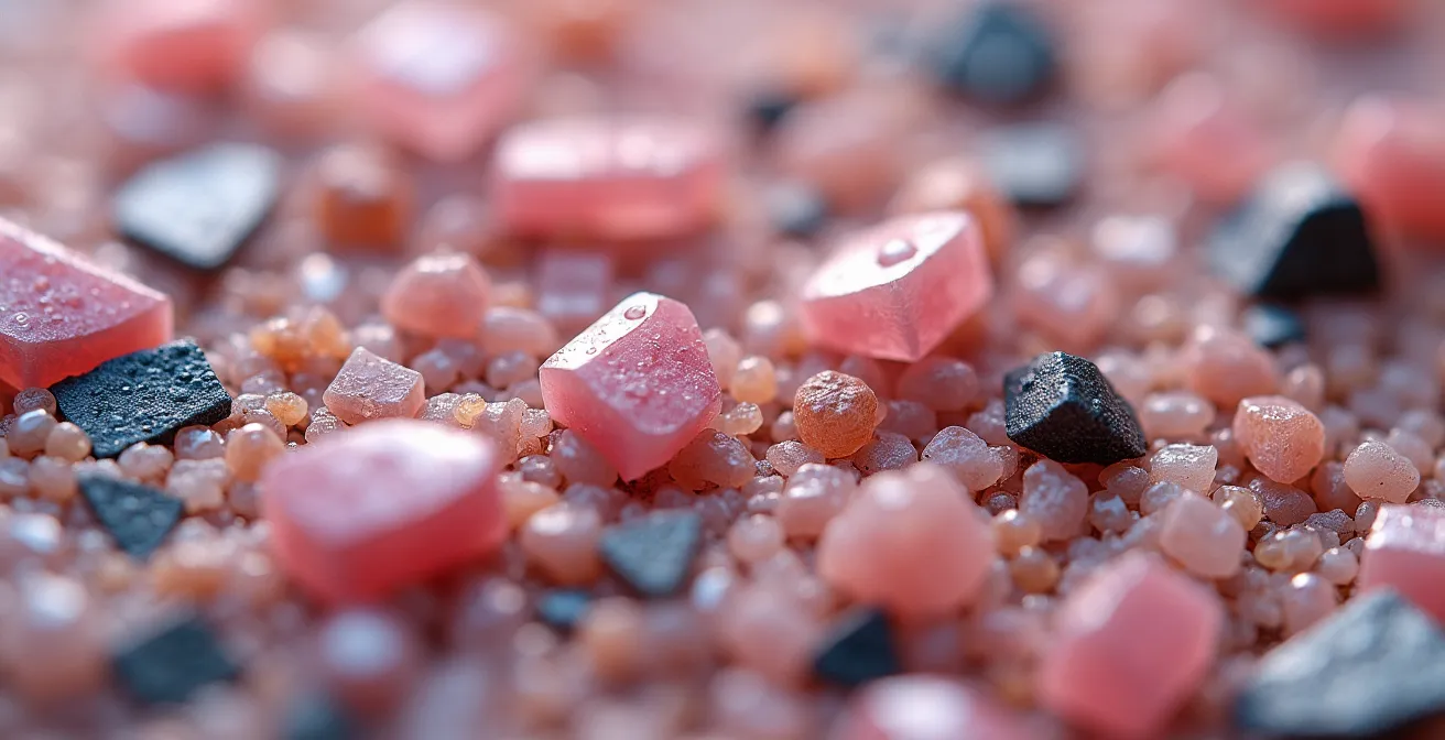 Extreme close-up of pink granite showing feldspar crystals and quartz inclusions