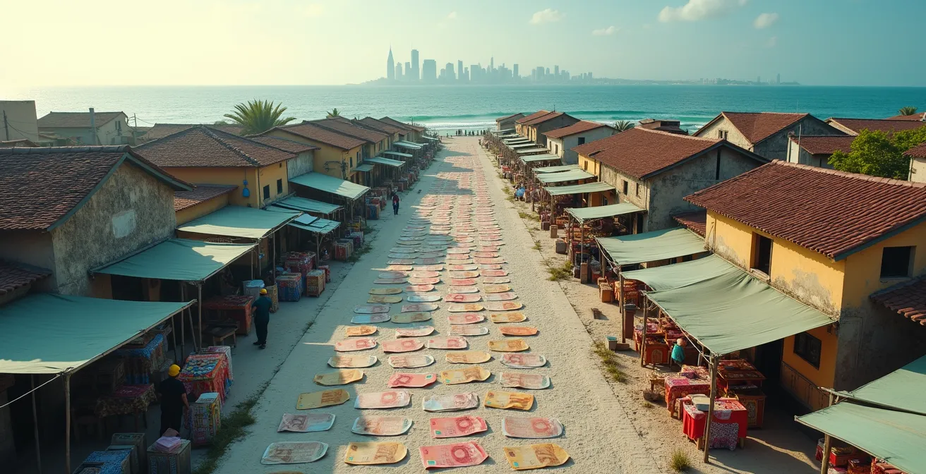 Split composition showing tourist money flow from international operators versus local community distribution