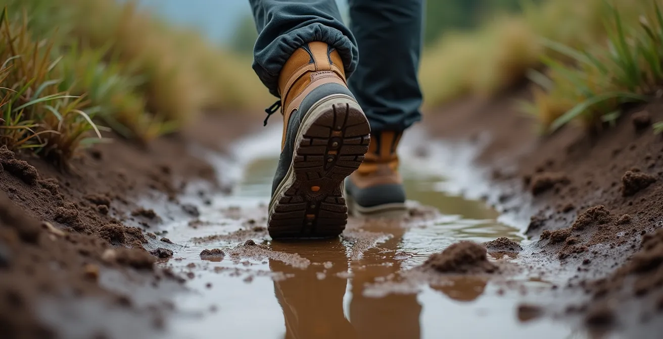 Hiker's boots stepping directly through center of muddy trail section