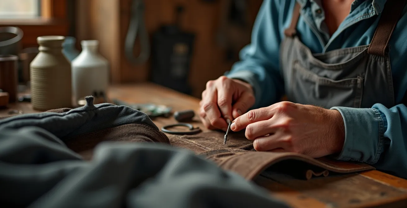 Local craftsperson's hands skillfully repairing a piece of outdoor gear in a traditional workshop setting