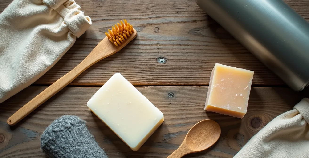 Eco-friendly travel essentials arranged on a wooden surface including bamboo items and reusable containers