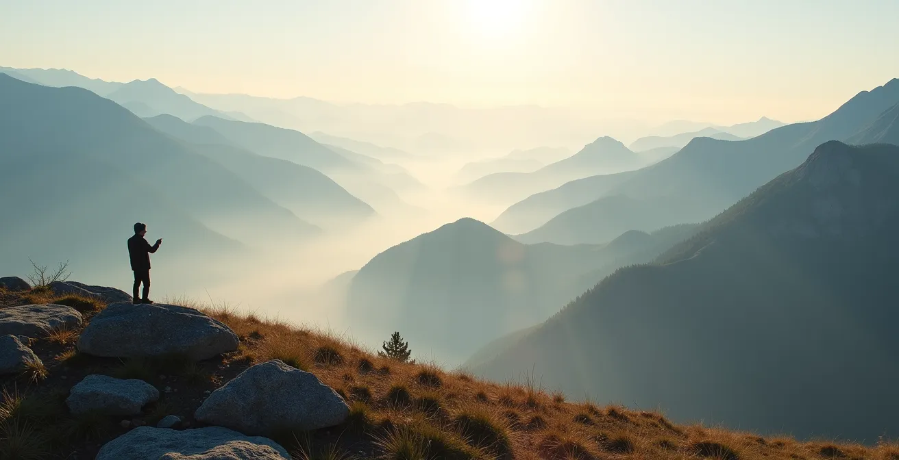 Wide landscape showing wind patterns in mountain valley at dawn