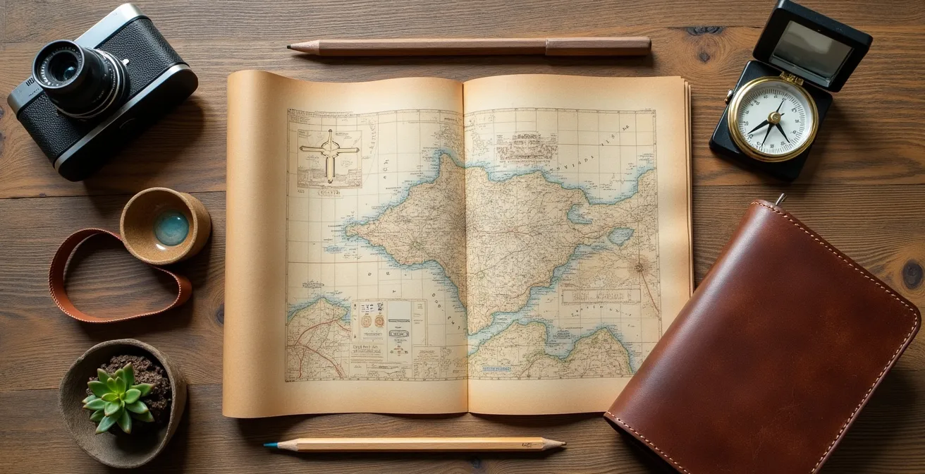 Vintage travel essentials arranged on wooden surface including paper map, leather notebook, and compass