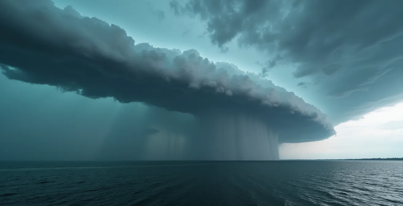 A dramatic, low, horizontal shelf cloud formation moves over the water, indicating an approaching storm and squall line.