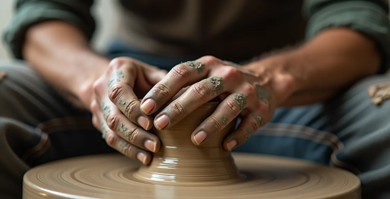 Close-up of weathered hands crafting traditional pottery with tools and raw materials visible