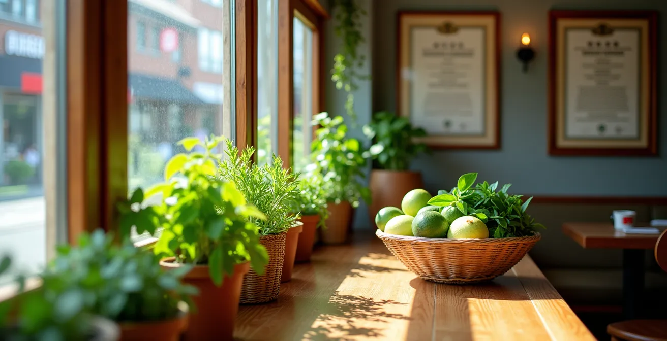 Interior of authentic Thai restaurant showing herb garden and local sourcing elements