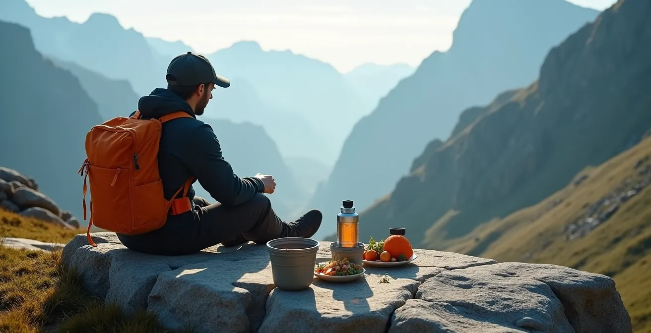 Backpacker preparing a dehydrated meal in a remote mountain setting with minimal gear