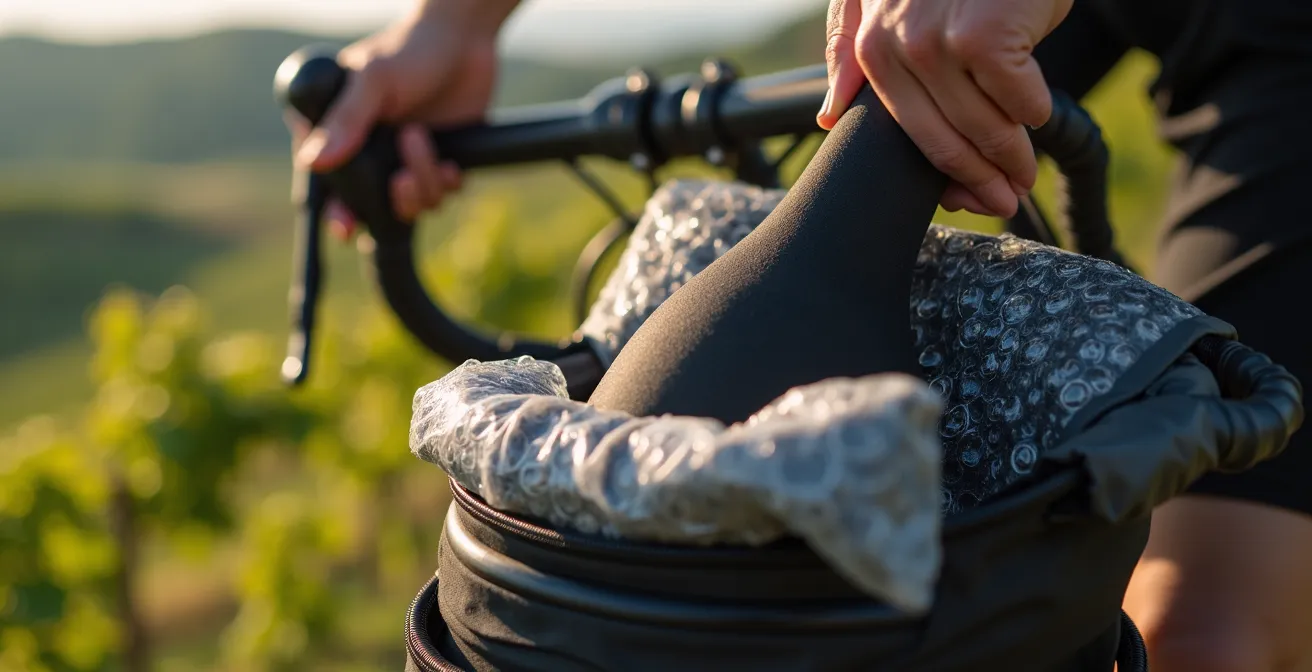 Close-up of hands arranging wine bottles in padded bike panniers