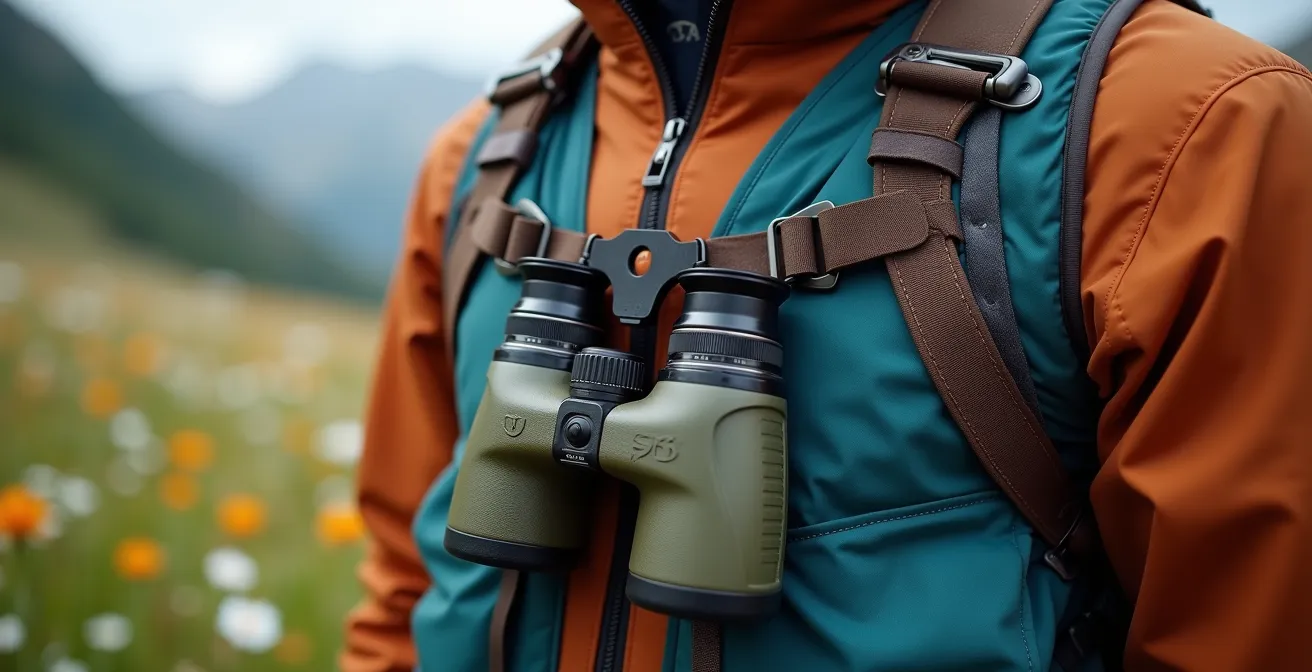 Close-up of binocular harness system on a hiker in mountain setting