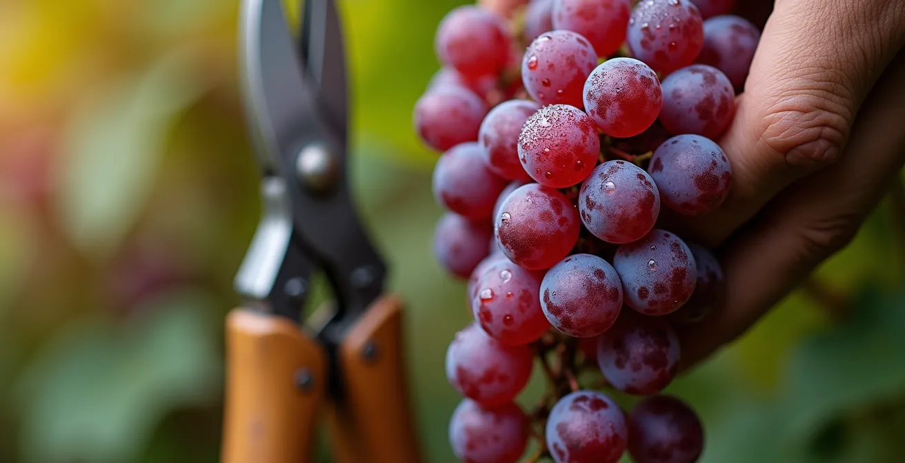 Extreme close-up of purple Pinot Noir grapes with morning dew during harvest season