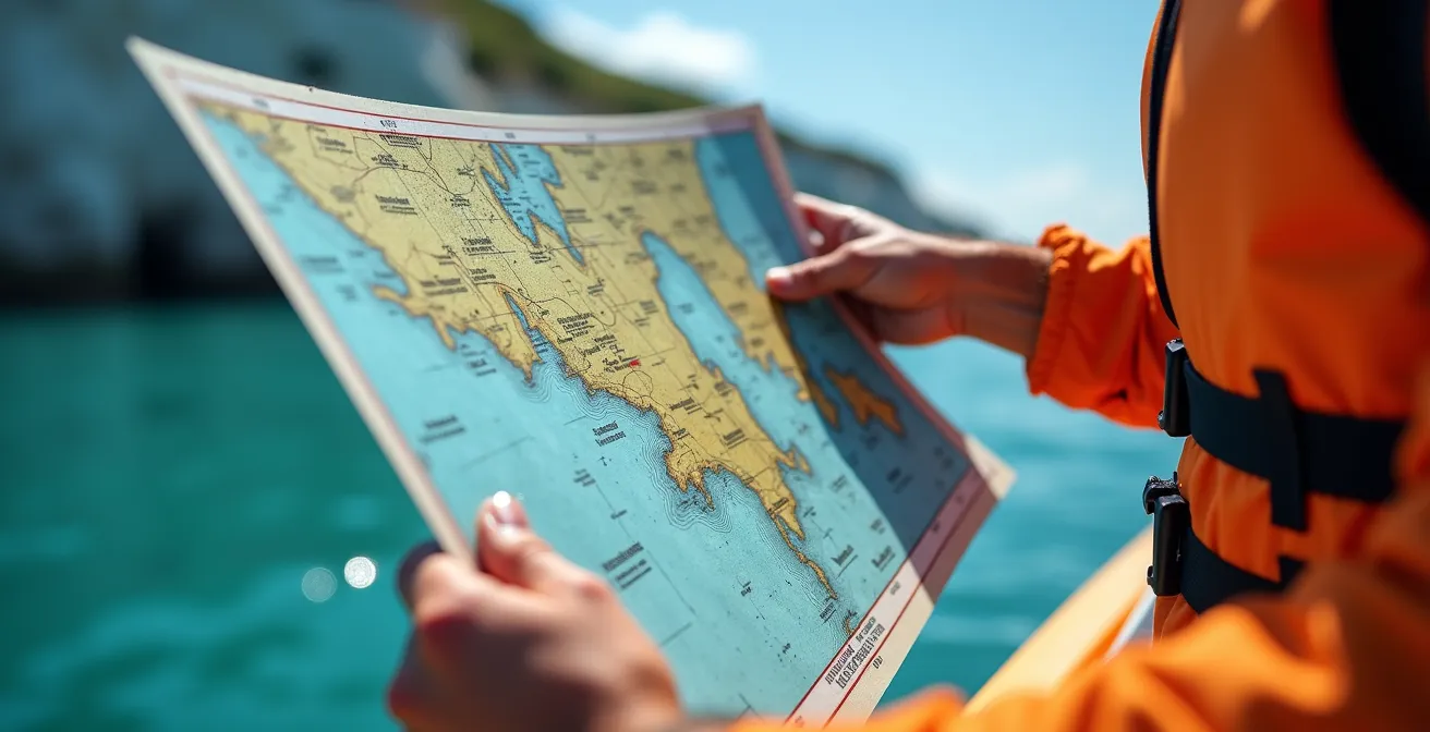 Overhead view of a kayaker studying a waterproof map while floating near limestone cliffs