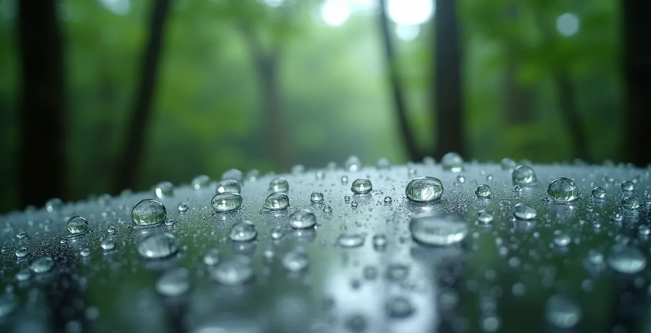 Photography equipment with protective rain covers in a misty forest setting