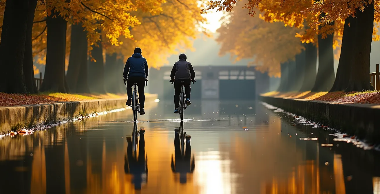 Cyclists on tree-lined Canal de Bourgogne towpath with autumn foliage reflected in calm water