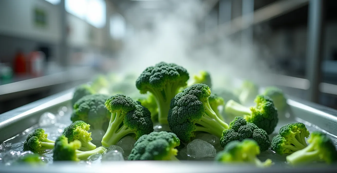 Professional kitchen demonstration of blanch and shock technique for broccoli