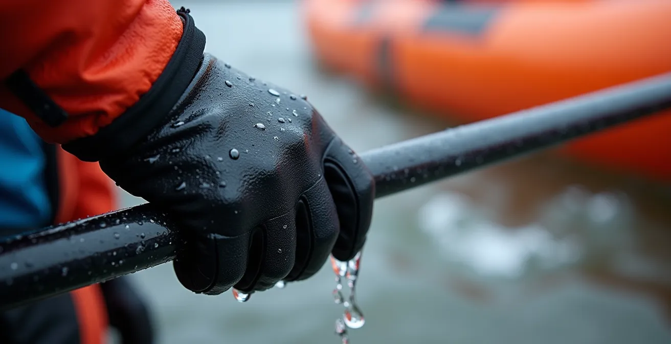 Extreme close-up of a paddler's gloved hands gripping a paddle shaft during a paddle-float self-rescue in cold water.