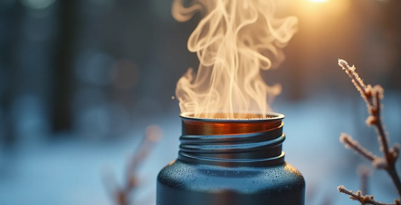 Steaming insulated flasks and warm beverages arranged on snowy outdoor surface