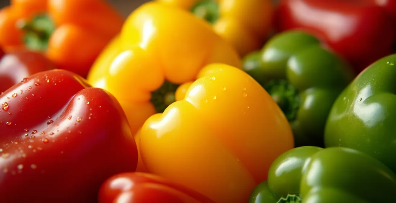 Abundant display of multicolored bell peppers at peak harvest season