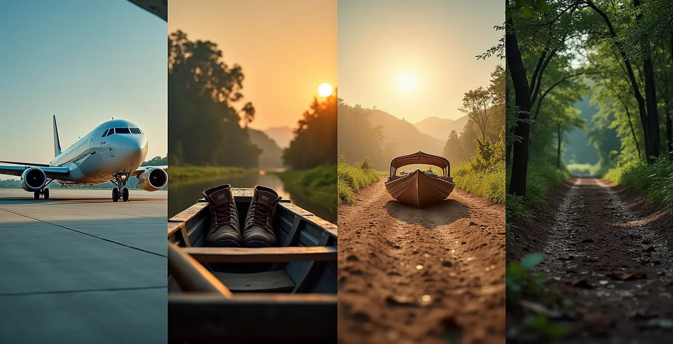 Split-screen montage showing multiple transport modes from airport to remote eco-lodge