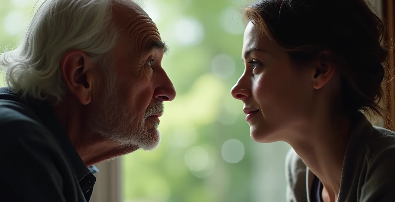 Elderly person and young adult separated by modern technology