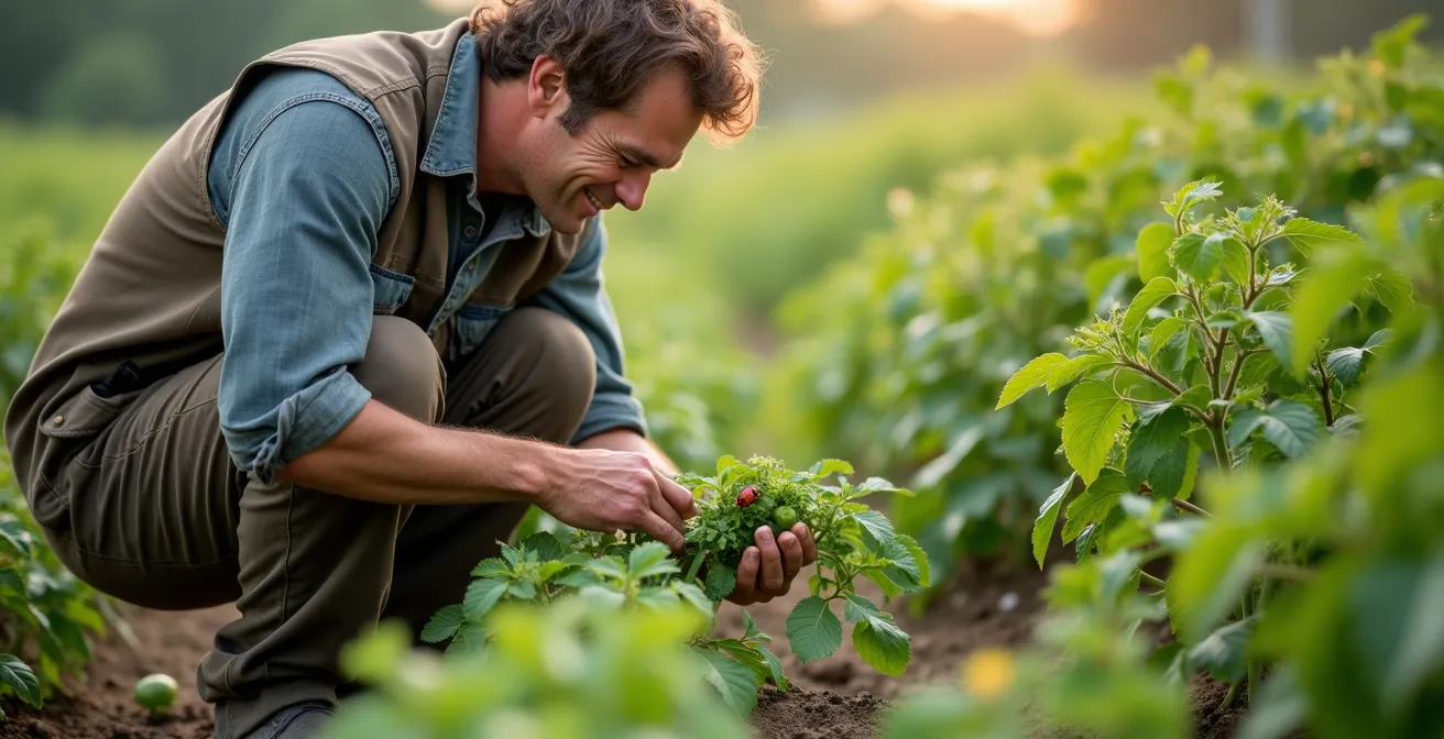 Farmer crouching in vibrant green field examining ladybugs on plant leaves