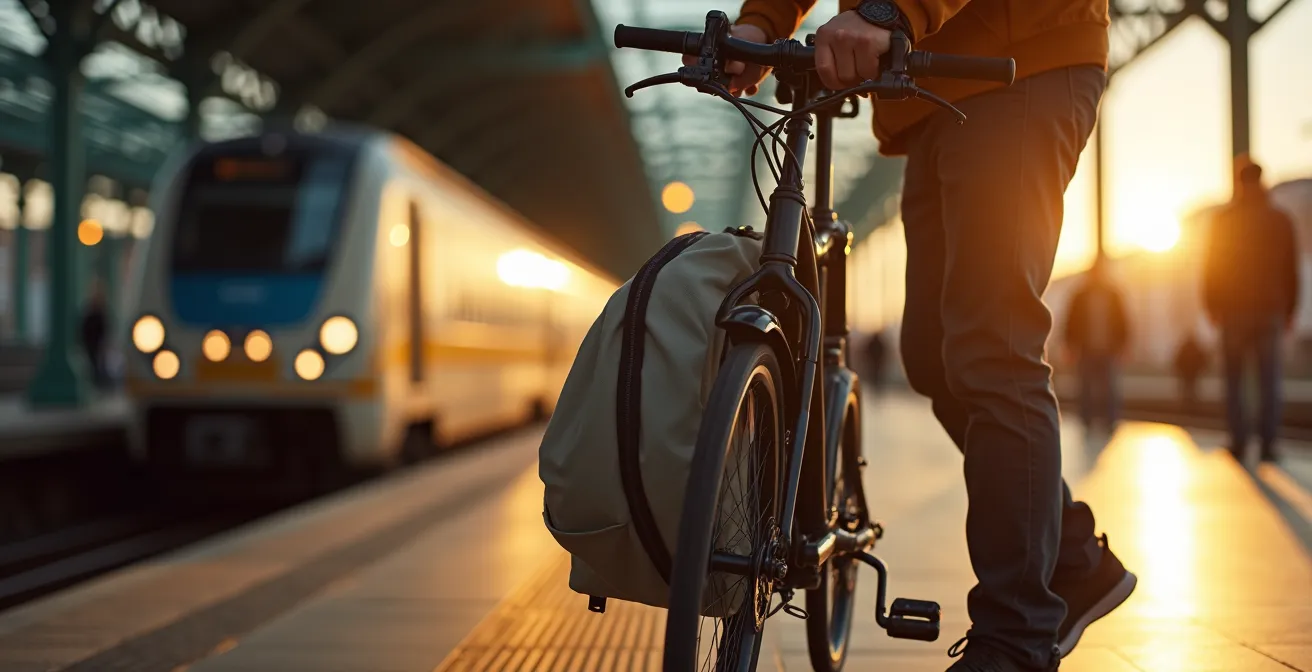 Cyclist with folding bike in carrying bag on French train platform