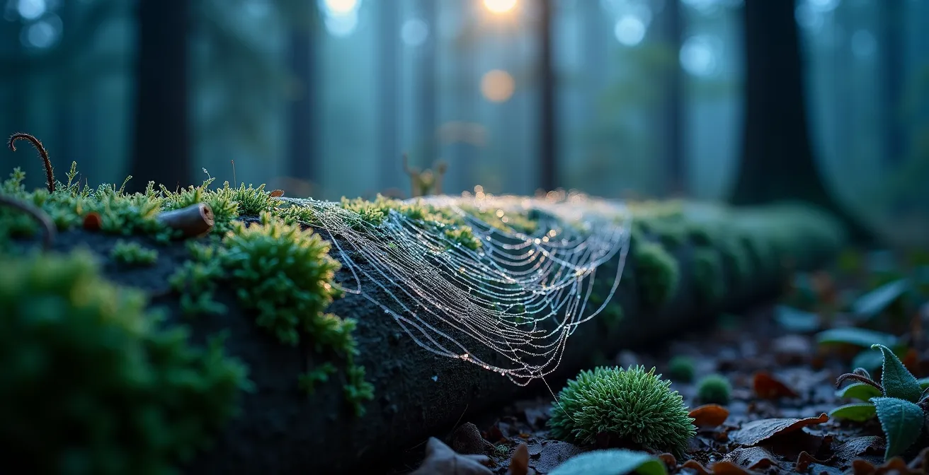 Misty forest during the blue hour, with ethereal cool light filtering through the tree trunks and illuminating a dew-covered spider web on the forest floor.