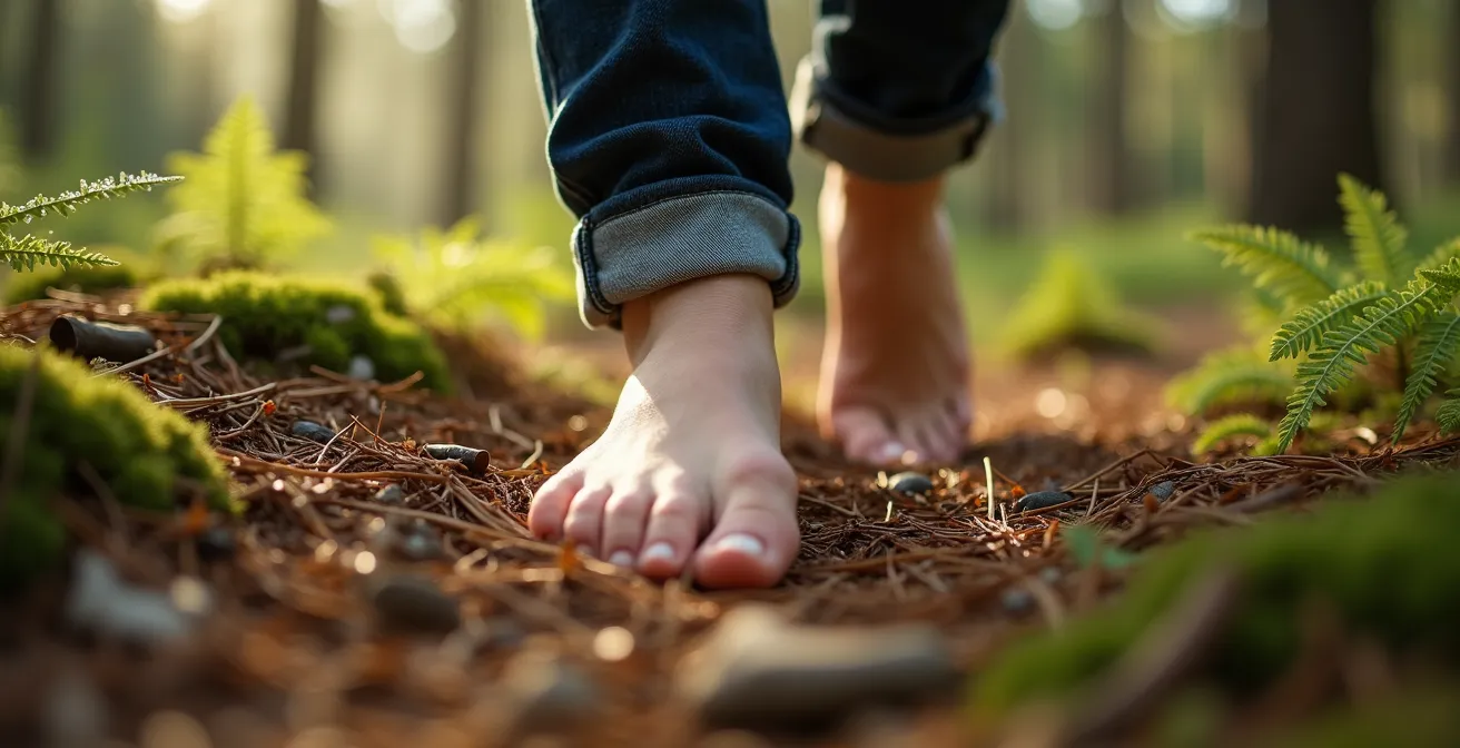 Person's feet on a forest path with dappled sunlight creating patterns through leaves