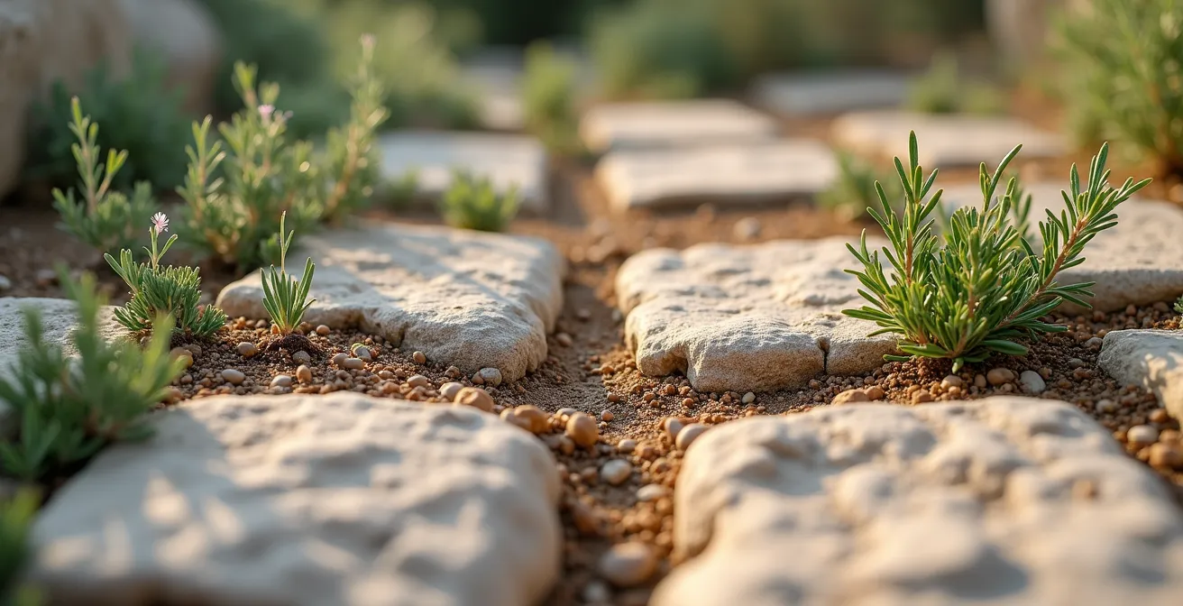 Close-up comparison of pristine vs eroded limestone path showing impact of foot traffic