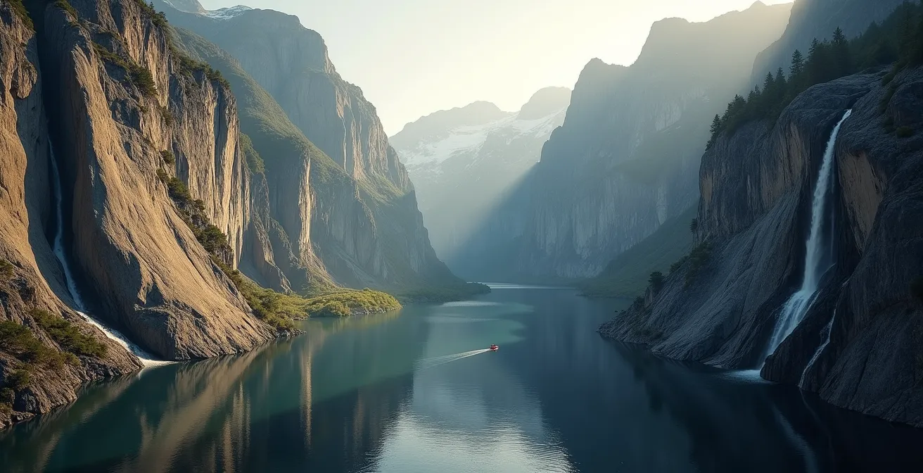 Dramatic U-shaped valley with sheer granite walls and waterfalls in Fiordland