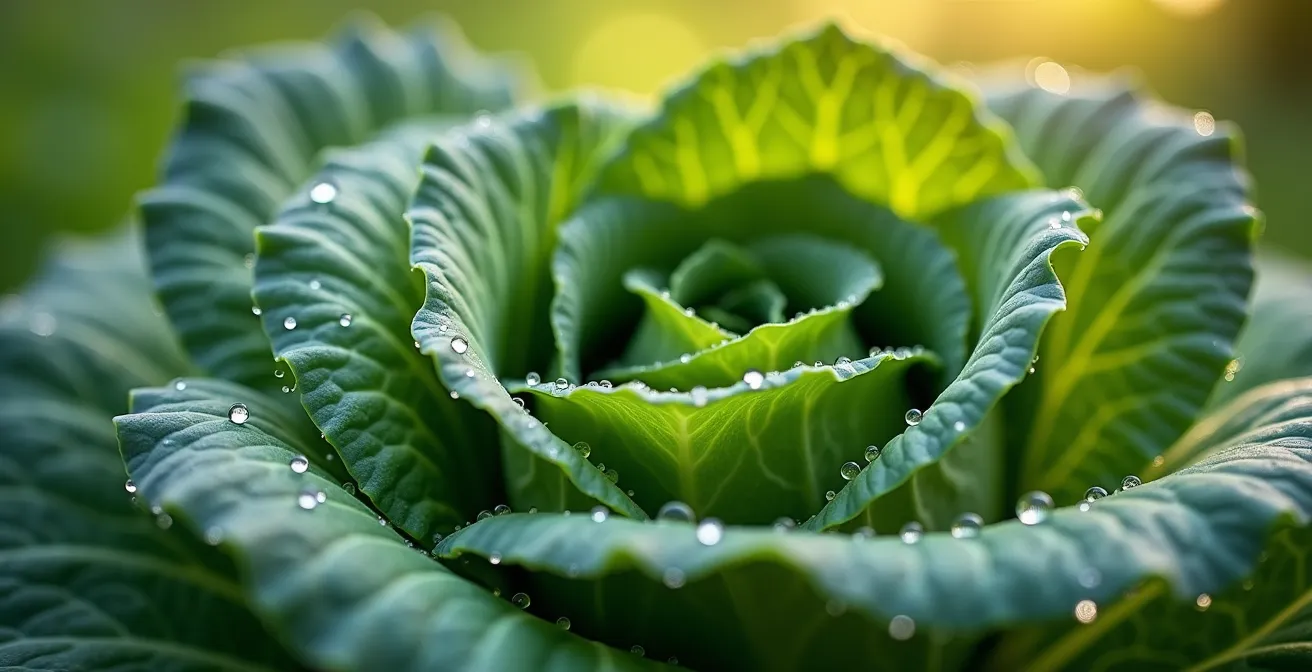 Close-up of freshly harvested cabbage leaves with morning dew drops