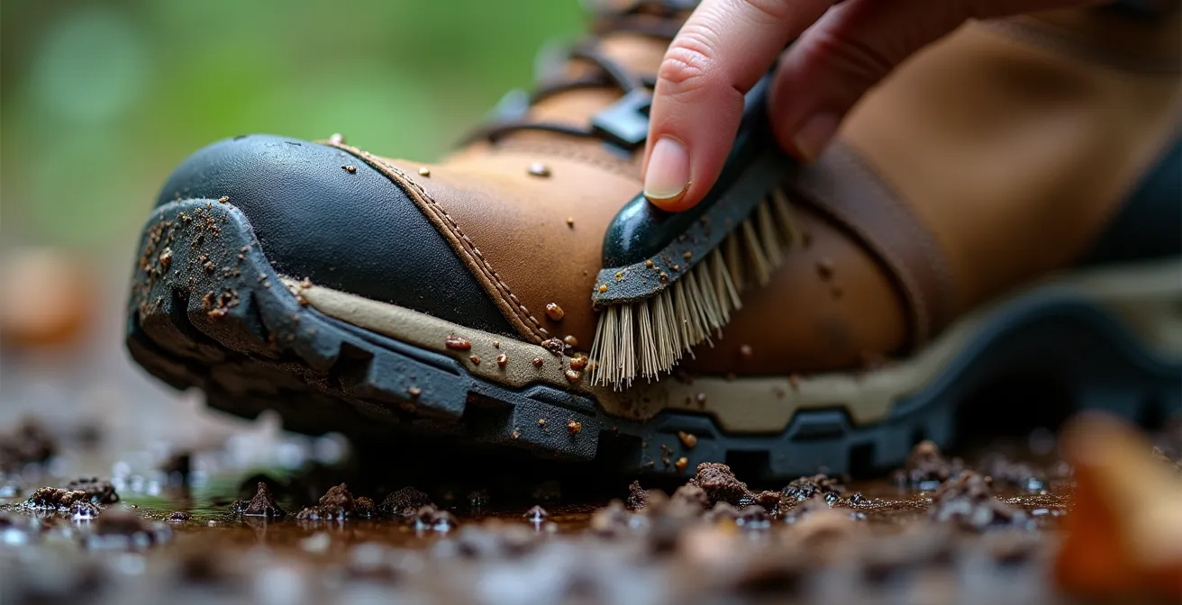 Extreme close-up of hiking boot sole texture with cleaning brush removing debris