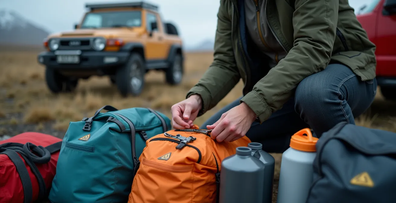 Emergency supplies laid out beside 4x4 vehicle in Iceland highlands