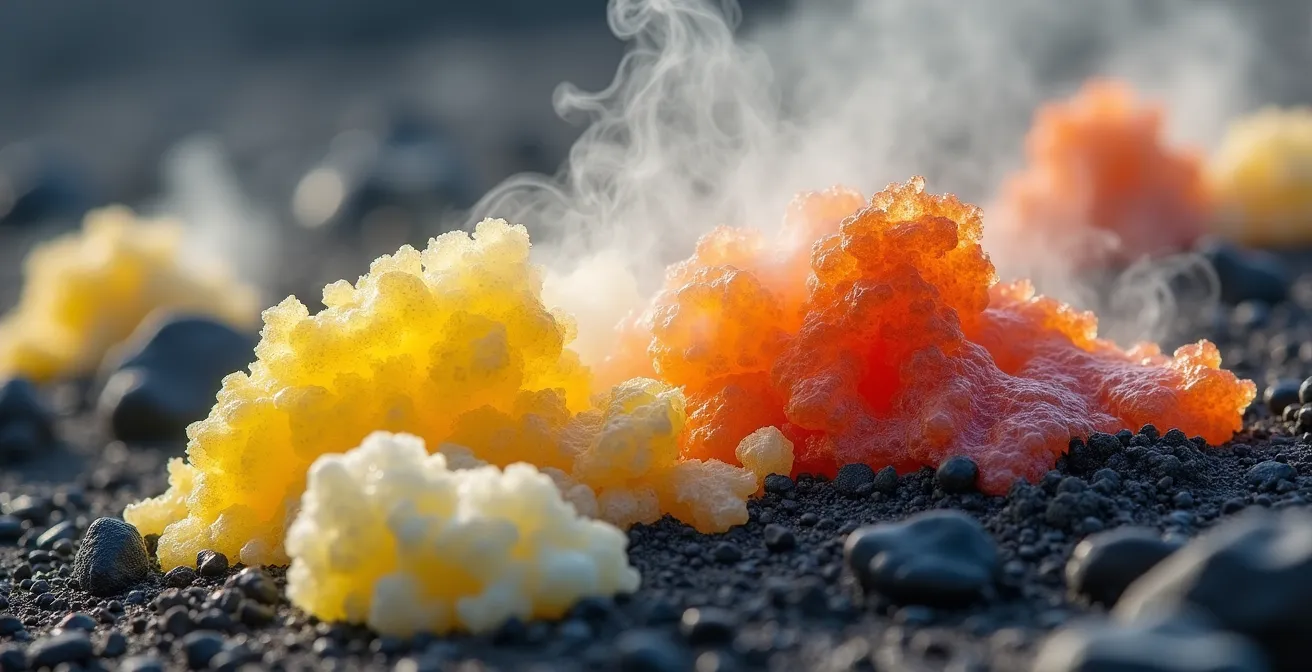 Sulfur deposits and steam vents in Iceland geothermal area showing warning colors