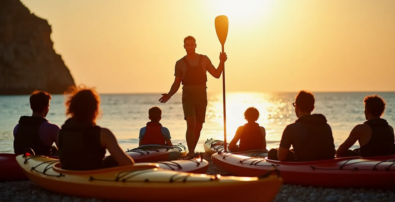 A professional kayak guide showing the proper paddle technique to a small group on a beach