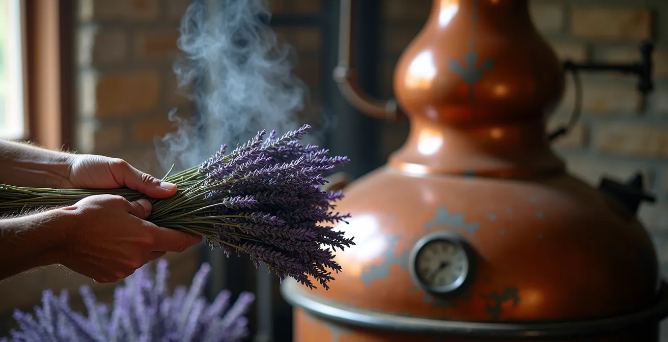Traditional copper still with cut lavender bundles and steam rising in soft morning light