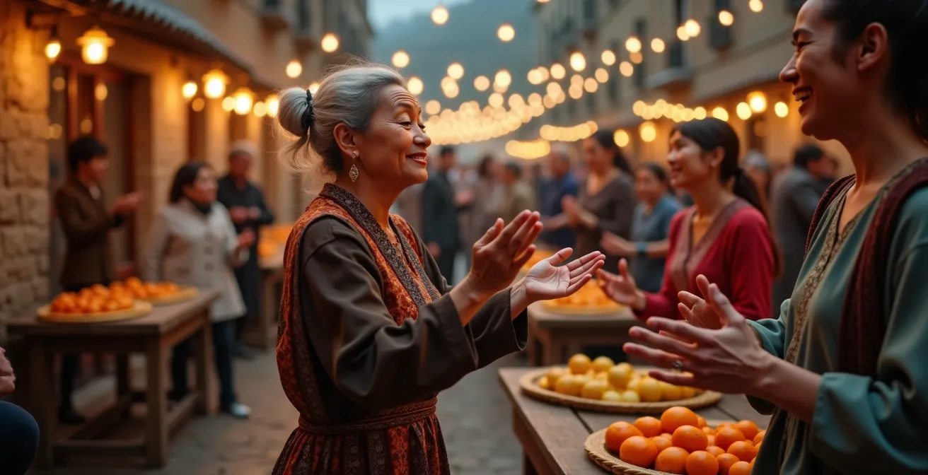 Authentic local harvest festival with residents celebrating in town square