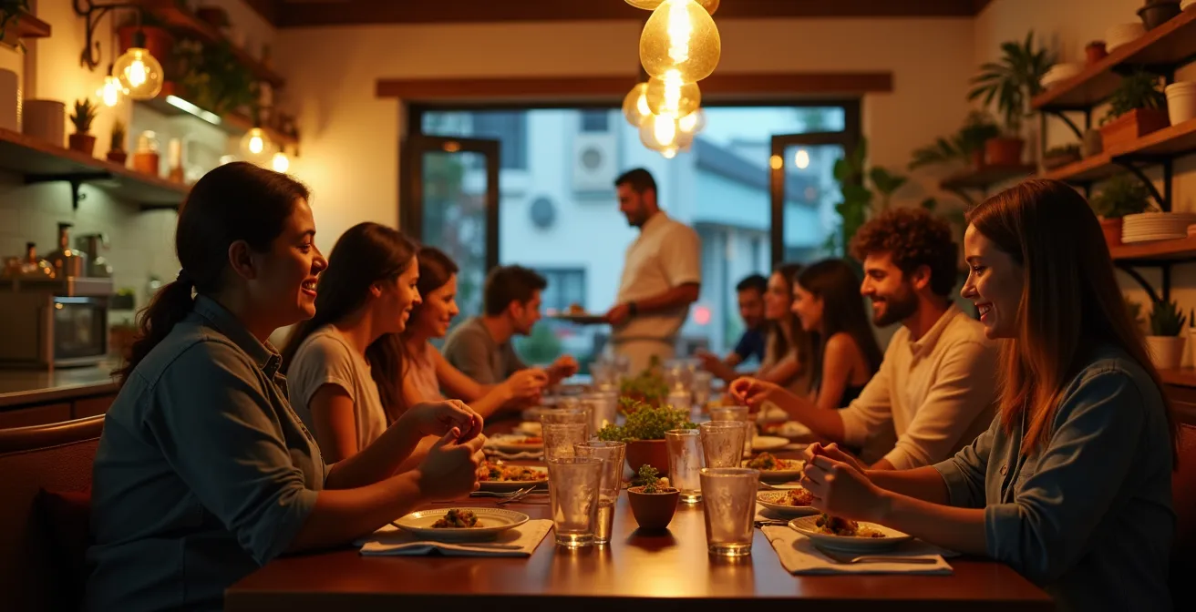 Wide shot of small family-run restaurant with locals and tourists dining together in warm evening light