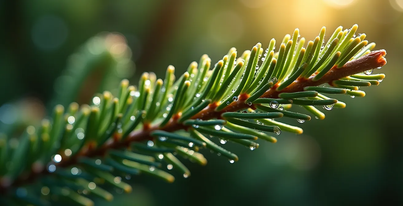 Extreme close-up of pine needles with visible resin droplets, representing the release of phytoncides.