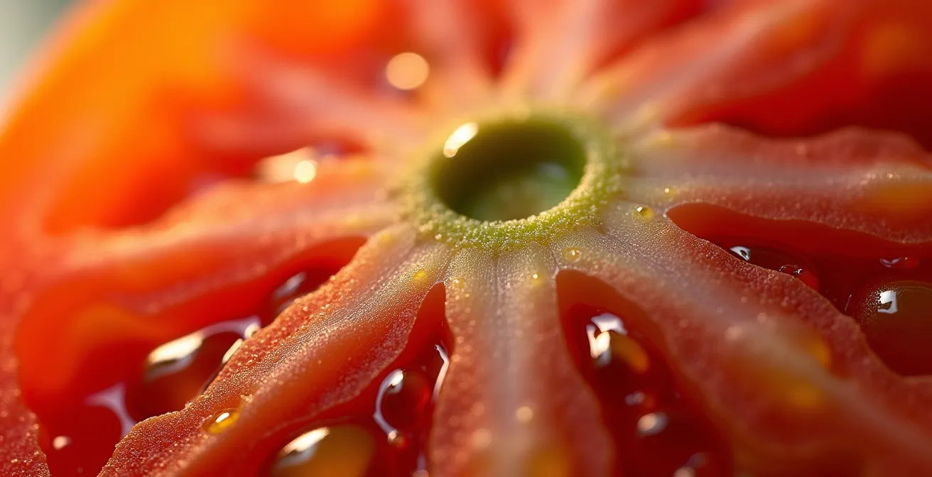 Extreme close-up of tomato flesh showing sugar crystals and cellular structure