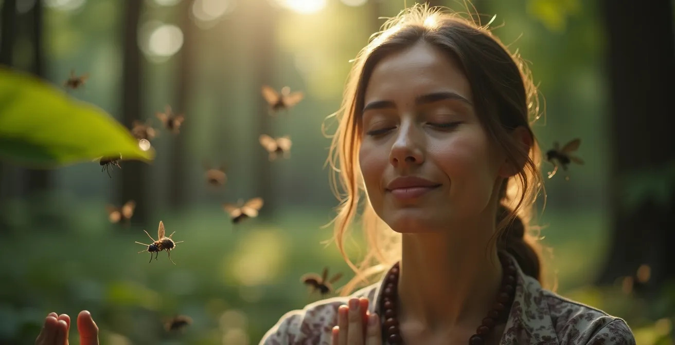 Person meditating in lotus position surrounded by forest atmosphere