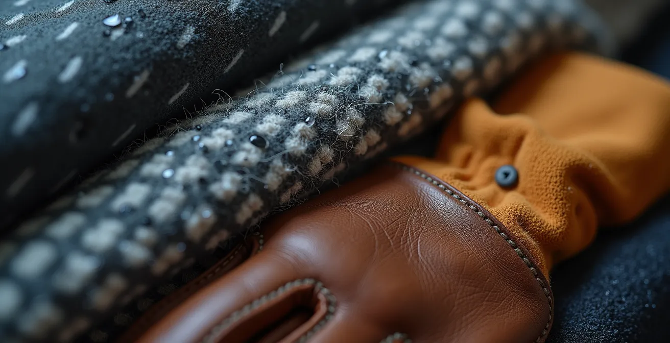 Traveler's winter clothing layers arranged for Mediterranean climate