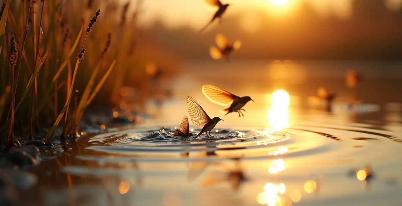 Birds feeding on insects at wetland migration stop