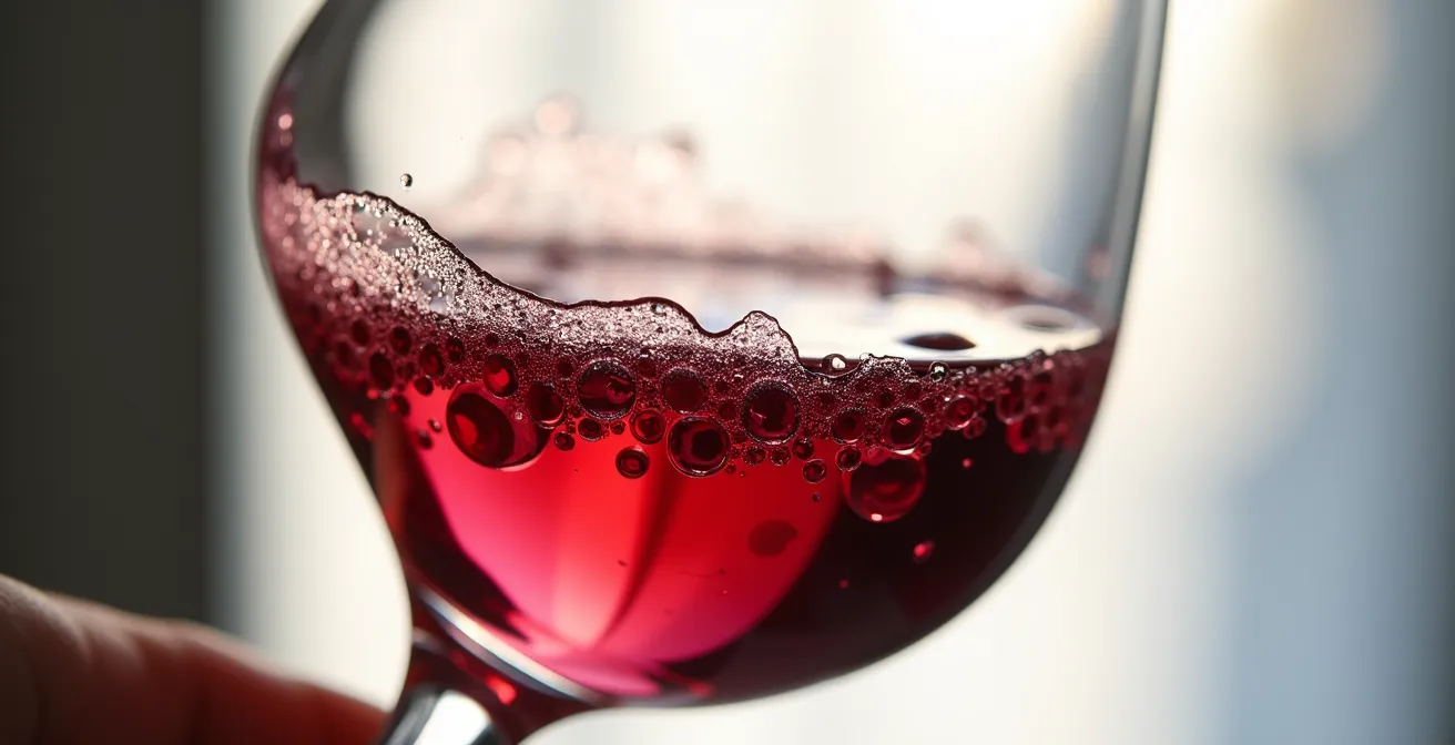 Wine glass held against window light showing sediment particles and color variation