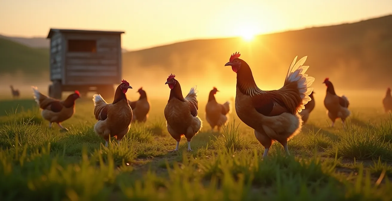 Free-range chickens foraging on green pasture with mobile shelter at dawn
