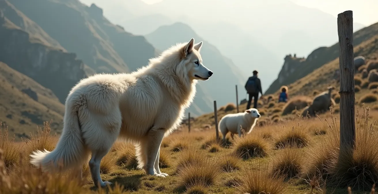 Large white Patou guard dog standing protectively near sheep flock on mountain trail with hikers visible in distance