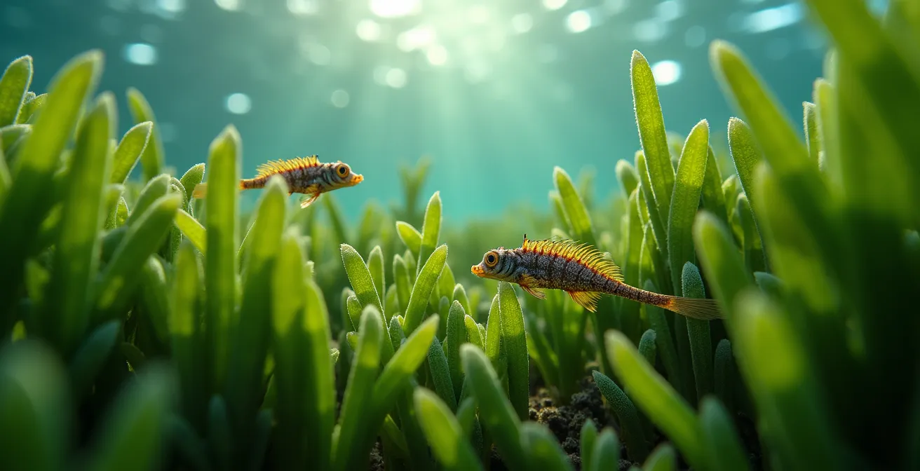 Macro underwater view of Posidonia oceanica meadow with fish species sheltering among the leaves