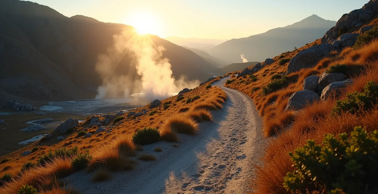Winding mountain trail leading to steaming natural hot spring pools